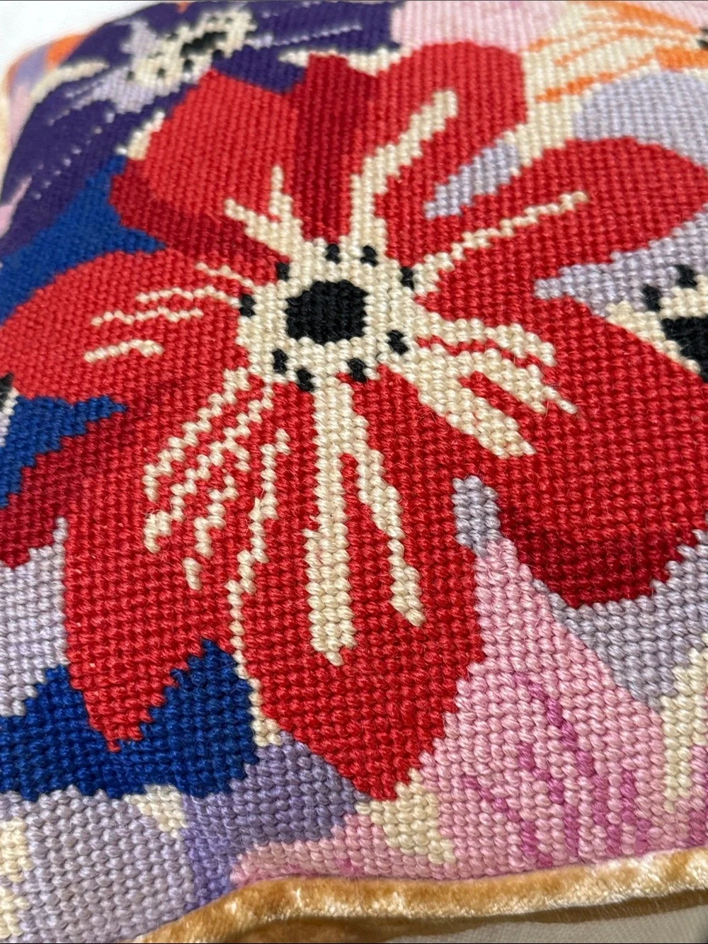 Floral Needlepoint Throw Pillow hand made stitch in Red, Blue & Orange vintage